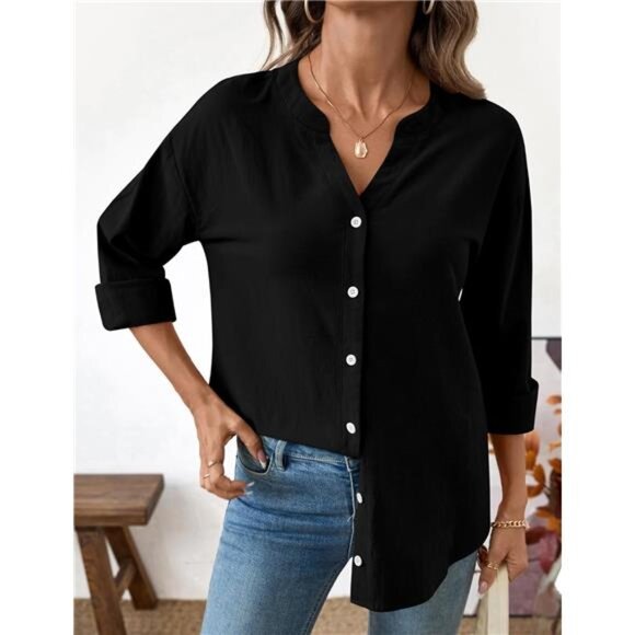 🌸 Women’s Cotton Button Down Shirt – Long Sleeve V-Neck Blouse - Picture 2 of 6